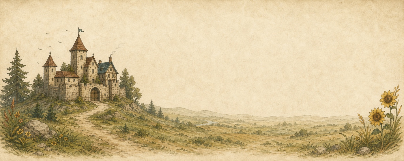 A stone castle on a hill above a quiet medieval landscape